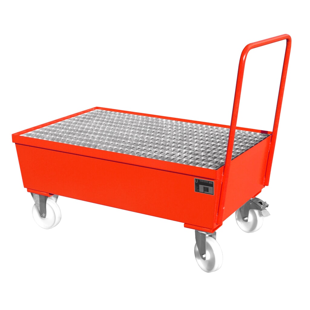 Bauer® sběrná vana z oceli, pojízdné provedení, 2 x 200 l nastojato, objem 225 l, ohnivě červená Obrázek produktu: Bauer® sběrná vana z oceli, pojízdné provedení, 2 x 200 l nastojato, objem 225 l, ohnivě červená