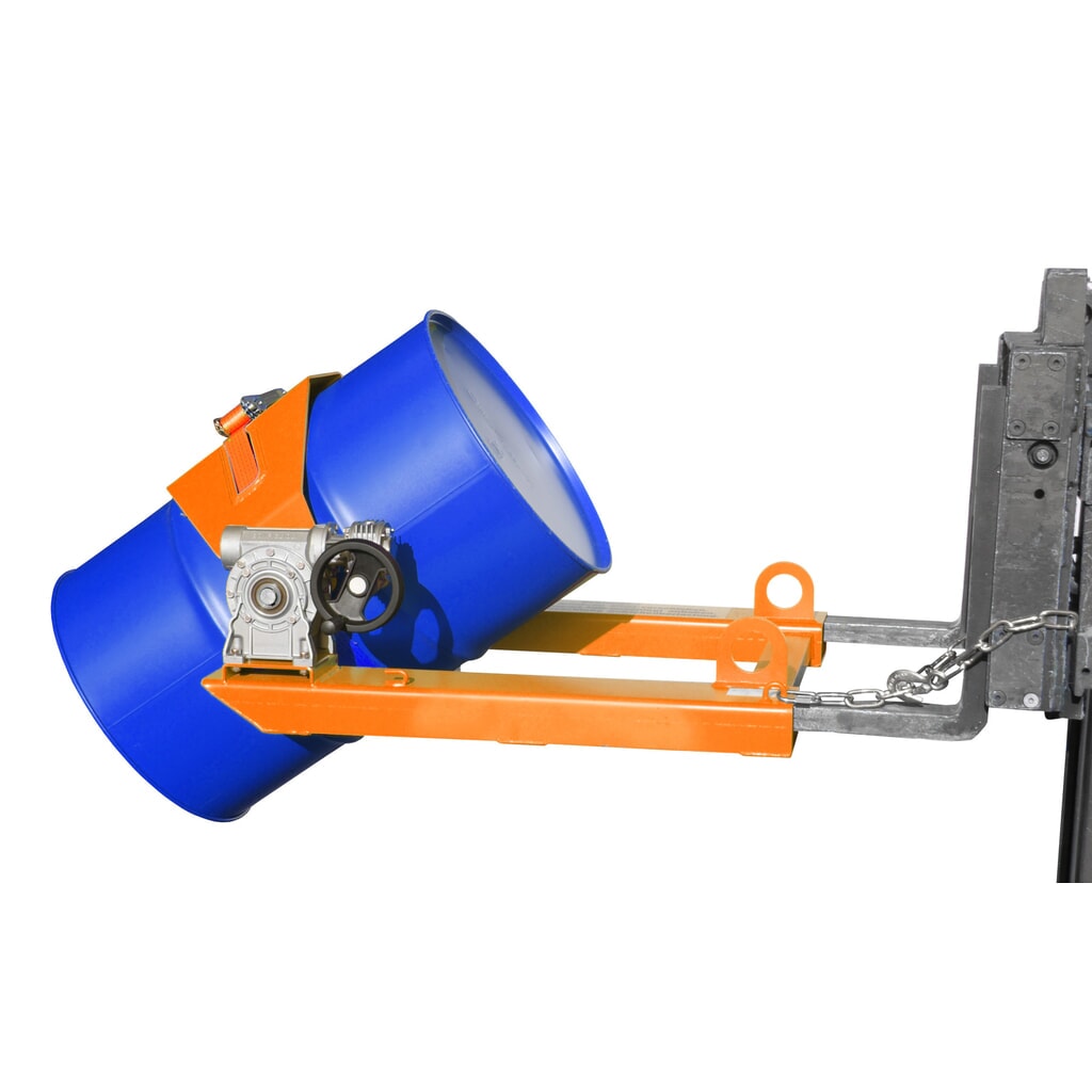 Bauer® Naklápěče sudů, nosnost 300 kg, pro sud s Ø 350-600 mm, kliková rukojeť, RAL 2000 žlutooranžová Číslo obrázku produktu 1: Bauer® Naklápěče sudů, nosnost 300 kg, pro sud s Ø 350-600 mm, kliková rukojeť, RAL 2000 žlutooranžová