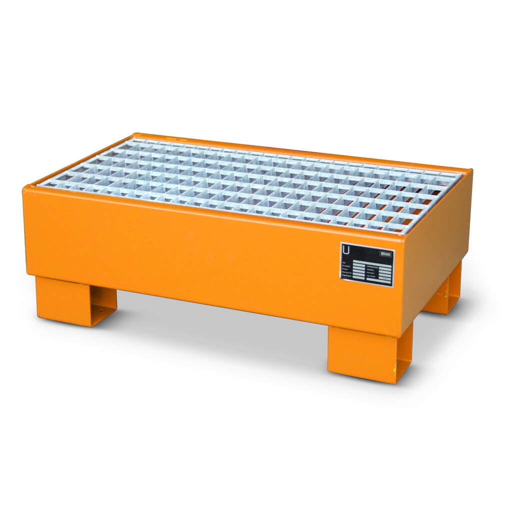 Bauer® sběrná vana z oceli, pro 2 sudy o objemu 60 l, objem 61 l, vč. mřížového roštu, Žlutooranžová Obrázek produktu: Bauer® sběrná vana z oceli, pro 2 sudy o objemu 60 l, objem 61 l, vč. mřížového roštu, Žlutooranžová
