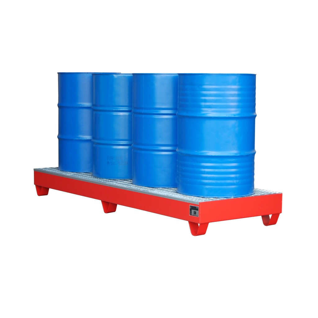 Bauer® sběrná vana z oceli, podjezdová výška 100 mm, VxŠxH 250 x 2 400 x 800 mm, vč. mřížového roštu, 4x 200 l, ohnivě červená Obrázek produktu: Bauer® sběrná vana z oceli, podjezdová výška 100 mm, VxŠxH 250 x 2 400 x 800 mm, vč. mřížového roštu, 4x 200 l, ohnivě červená