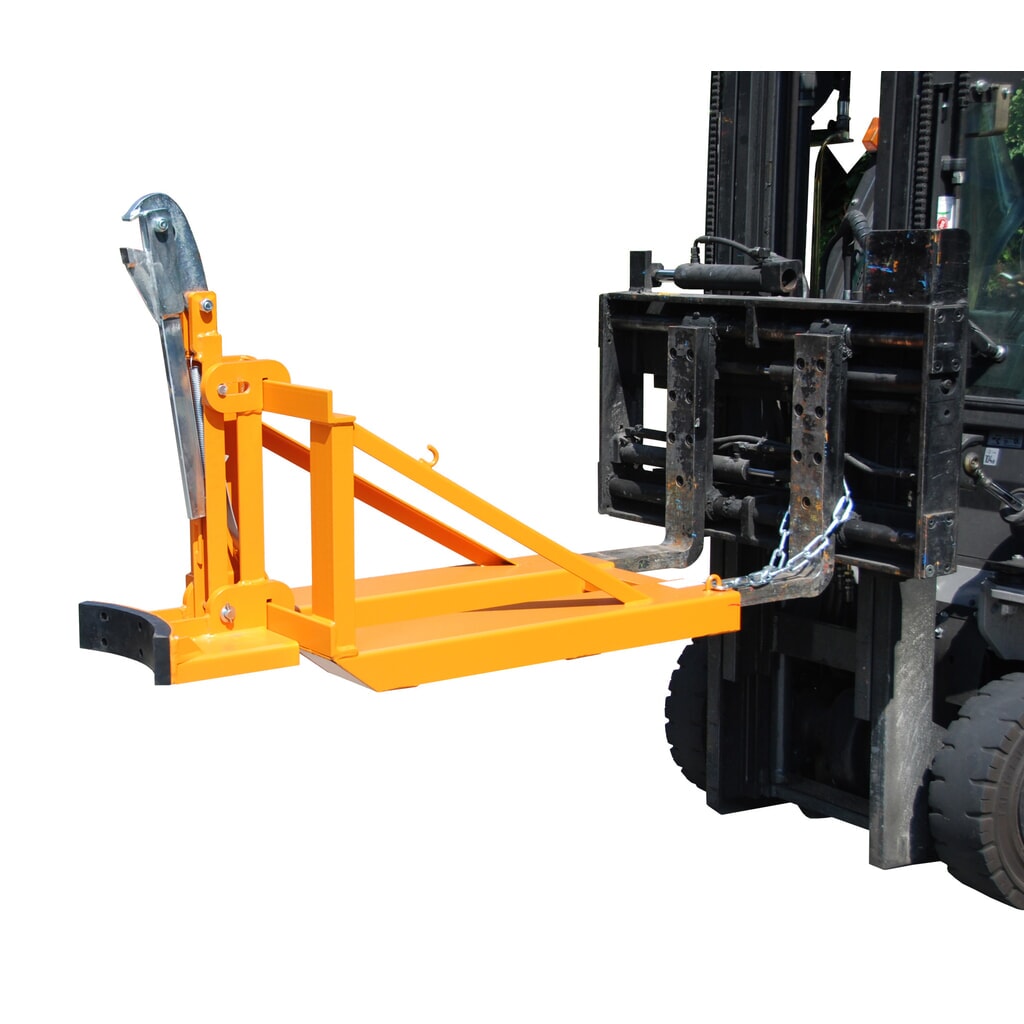 Bauer® podavač sudů, ocelové a plastové válcové sudy L, uchycení pro vysokozdvižný vozík, nosnost 800 kg, RAL 2000 žlutooranžová Obrázek produktu: Bauer® podavač sudů, ocelové a plastové válcové sudy L, uchycení pro vysokozdvižný vozík, nosnost 800 kg, RAL 2000 žlutooranžová