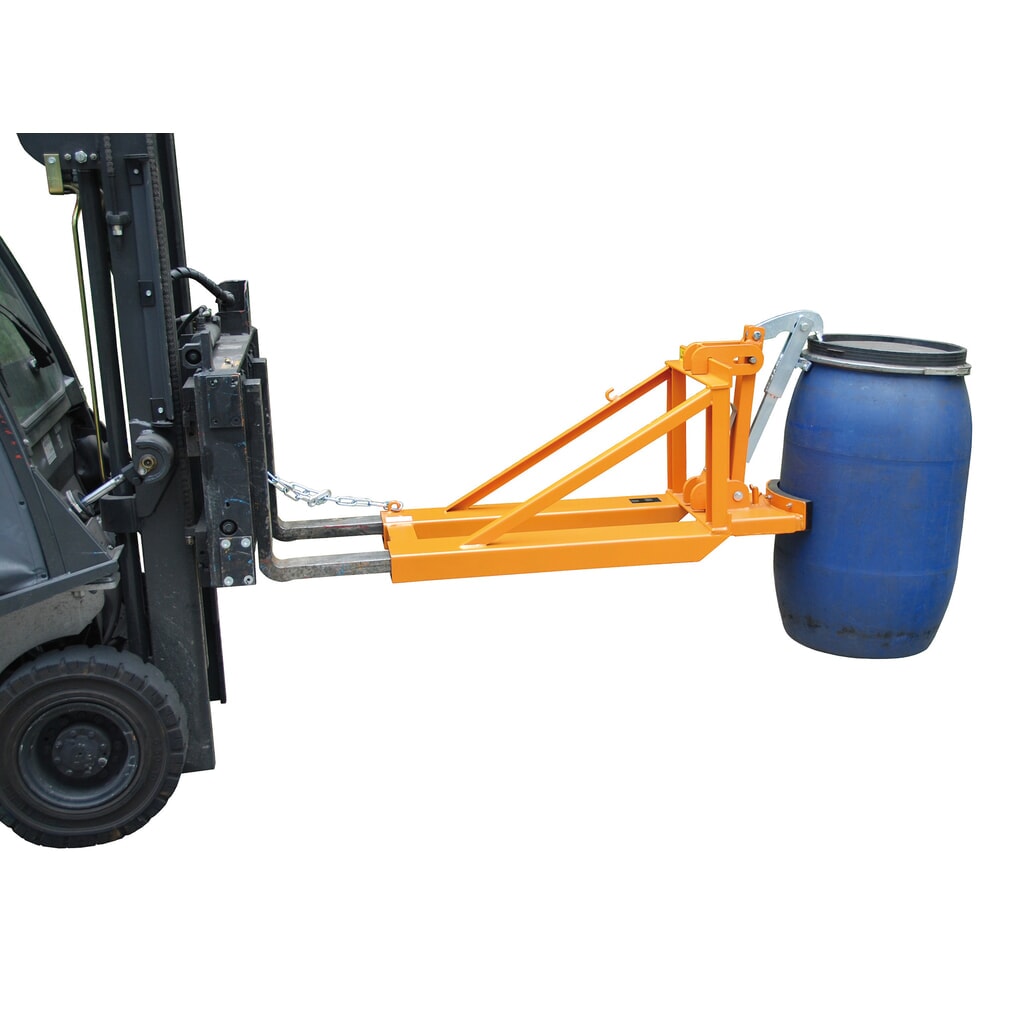 Bauer® podavač sudů, plastové sudy s víkem, uchycení pro vysokozdvižný vozík, nosnost 800 kg, RAL 2000 žlutooranžová Obrázek produktu: Bauer® podavač sudů, plastové sudy s víkem, uchycení pro vysokozdvižný vozík, nosnost 800 kg, RAL 2000 žlutooranžová