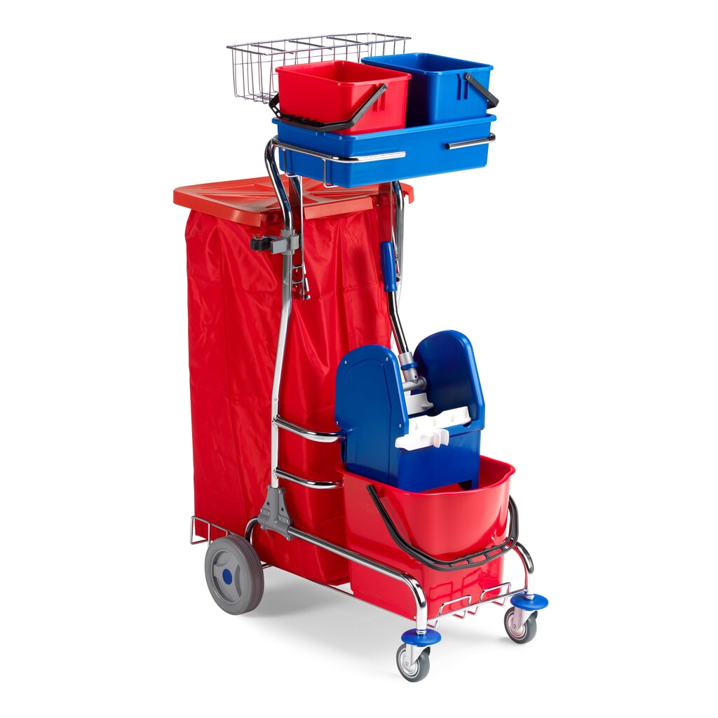 Čisticí vozík Universal III, chromovaný, 1× 15 litrů s lisem na mopy + 2× 6 litrů Obrázek produktu: Čisticí vozík Universal III, chromovaný, 1× 15 litrů s lisem na mopy + 2× 6 litrů