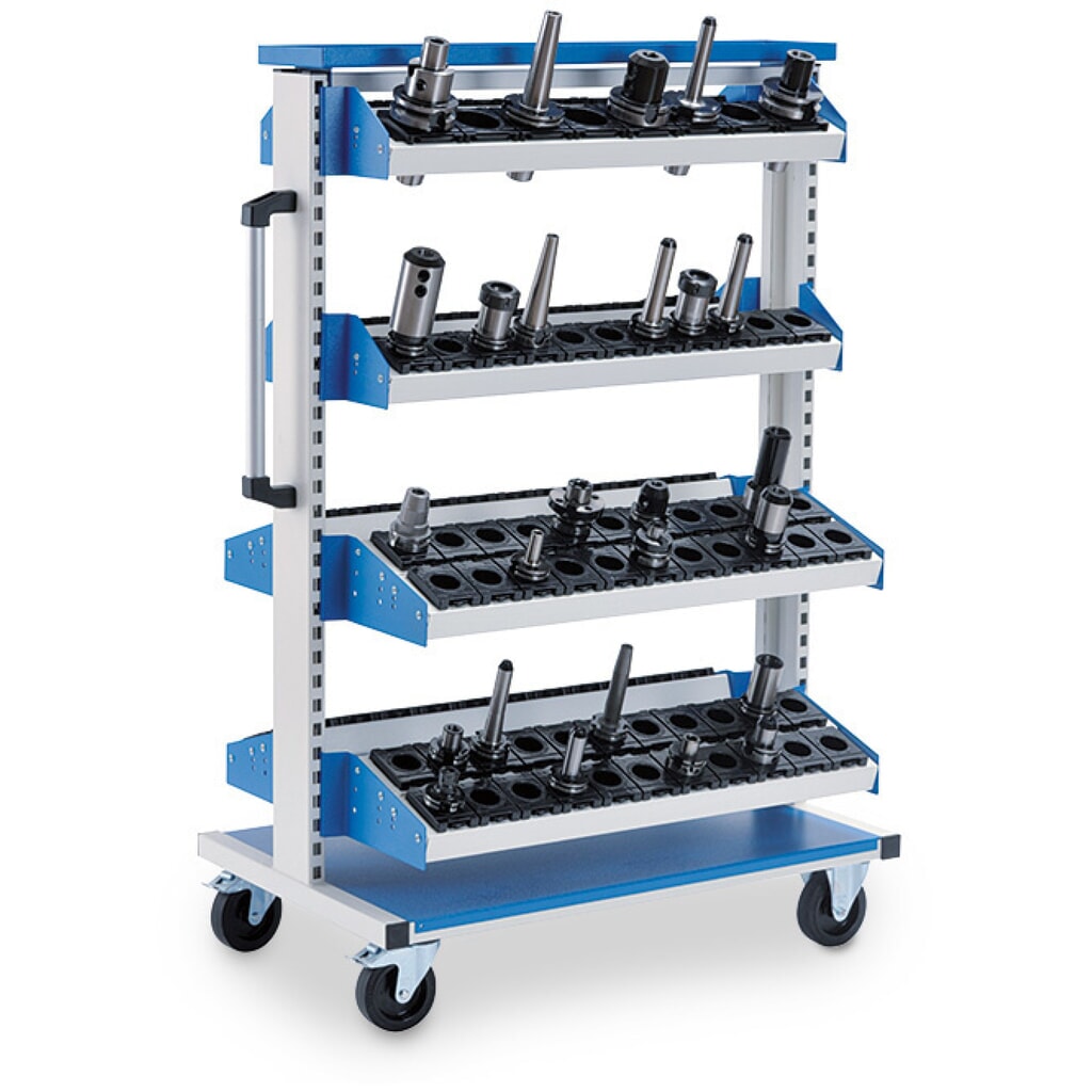 CNC podávací vozík Bedrunka+Hirth, 4x police na nástroje a nářadí, VxŠxH 1450 x 990 x 610 mm, světle šedá, světle modrá Obrázek produktu: CNC podávací vozík Bedrunka+Hirth, 4x police na nástroje a nářadí, VxŠxH 1450 x 990 x 610 mm, světle šedá, světle modrá