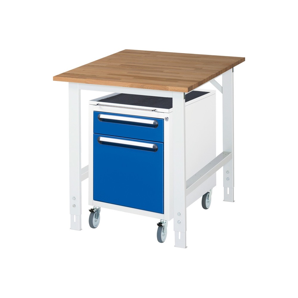 Číslo obrázku produktu 1: Dílenská sestava RAU TOM 2dílná, s pracovním stolem, VxŠxH 760-1080 x 750 x 1000 mm, pracovní deska z bukového masivu, plus mobilní kontejner se 2 zásuvkami, VxŠxH 690 x 480 x 600 mm