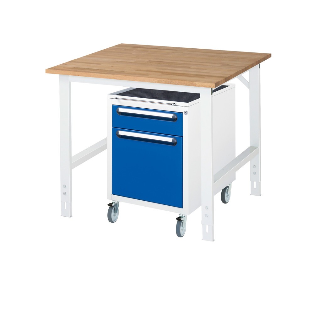 Číslo obrázku produktu 1: Dílenská sestava RAU TOM 2dílná, s pracovním stolem, VxŠxH 760-1080 x 1 000 x 1000 mm, pracovní deska z bukového masivu, plus mobilní kontejner se 2 zásuvkami, VxŠxH 690 x 480 x 600 mm