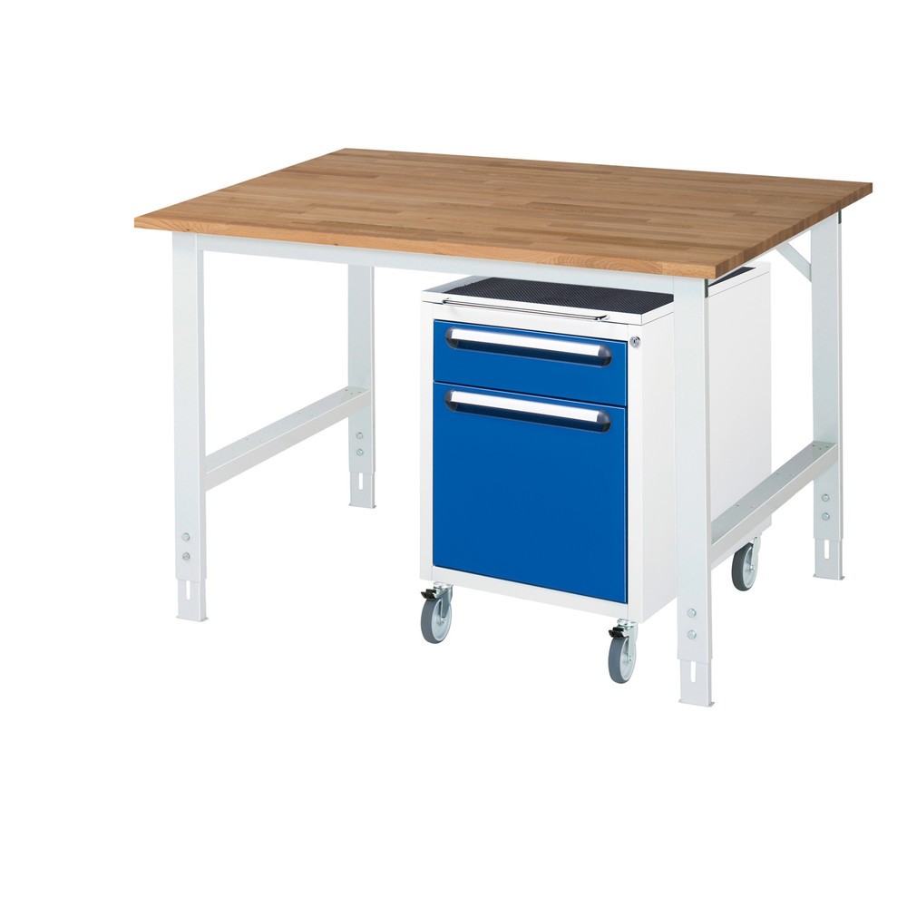 Číslo obrázku produktu 1: Dílenská sestava RAU TOM 2dílná, s pracovním stolem, VxŠxH 760-1080 x 1 250 x 1000 mm, pracovní deska z bukového masivu, plus mobilní kontejner se 2 zásuvkami, VxŠxH 690 x 480 x 600 mm