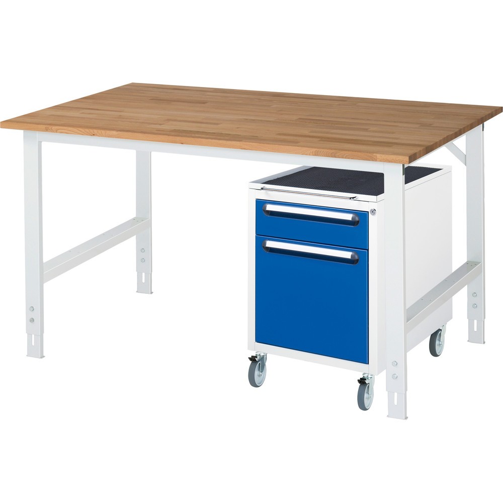 Číslo obrázku produktu 1: Dílenská sestava RAU TOM 2dílná, s pracovním stolem, VxŠxH 760-1080 x 1 500 x 1000 mm, pracovní deska z bukového masivu, plus mobilní kontejner se 2 zásuvkami, VxŠxH 690 x 480 x 600 mm