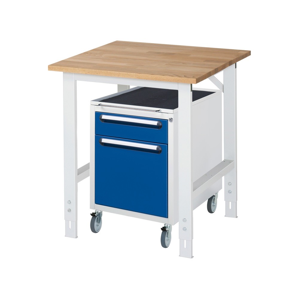 Číslo obrázku produktu 1: Dílenská sestava RAU TOM 2dílná, s pracovním stolem, VxŠxH 760-1080 x 750 x 800 mm, pracovní deska z bukového masivu, plus mobilní kontejner se 2 zásuvkami, VxŠxH 690 x 480 x 600 mm