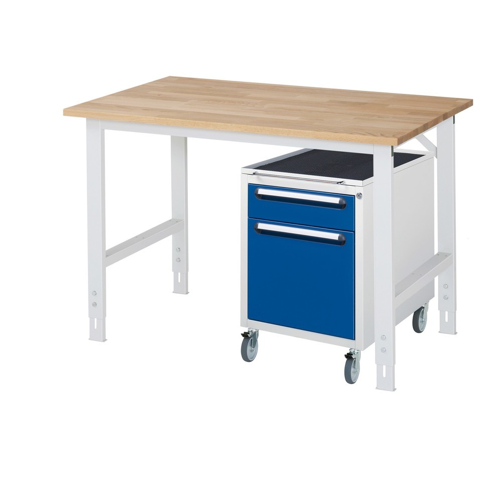 Číslo obrázku produktu 1: Dílenská sestava RAU TOM 2dílná, s pracovním stolem, VxŠxH 760-1080 x 1 250 x 800 mm, pracovní deska z bukového masivu, plus mobilní kontejner se 2 zásuvkami, VxŠxH 690 x 480 x 600 mm