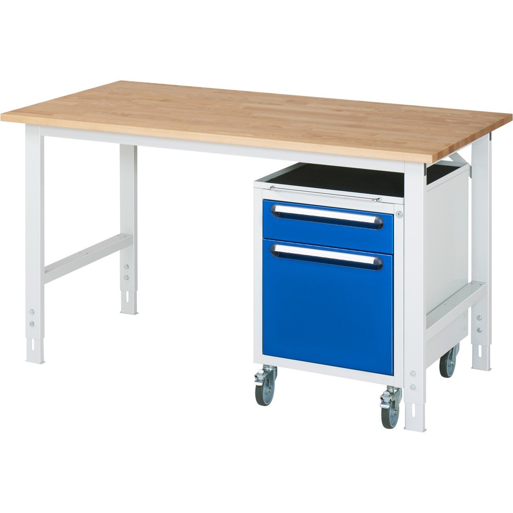 Obrázek produktu: Dílenská sestava RAU TOM 2dílná, s pracovním stolem, VxŠxH 760-1080 x 1 500 x 800 mm, pracovní deska z bukového masivu, plus mobilní kontejner se 2 zásuvkami, VxŠxH 690 x 480 x 600 mm