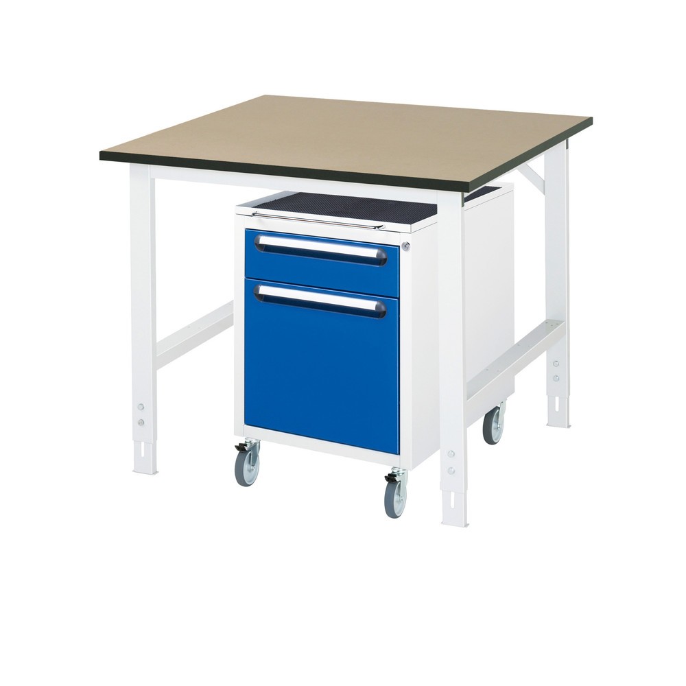 Číslo obrázku produktu 1: Dílenská sestava RAU TOM 2dílná, s pracovním stolem, VxŠxH 760-1080 x 1 000 x 1000 mm, pracovní deska MDF, plus mobilní kontejner se 2 zásuvkami, VxŠxH 690 x 480 x 600 mm