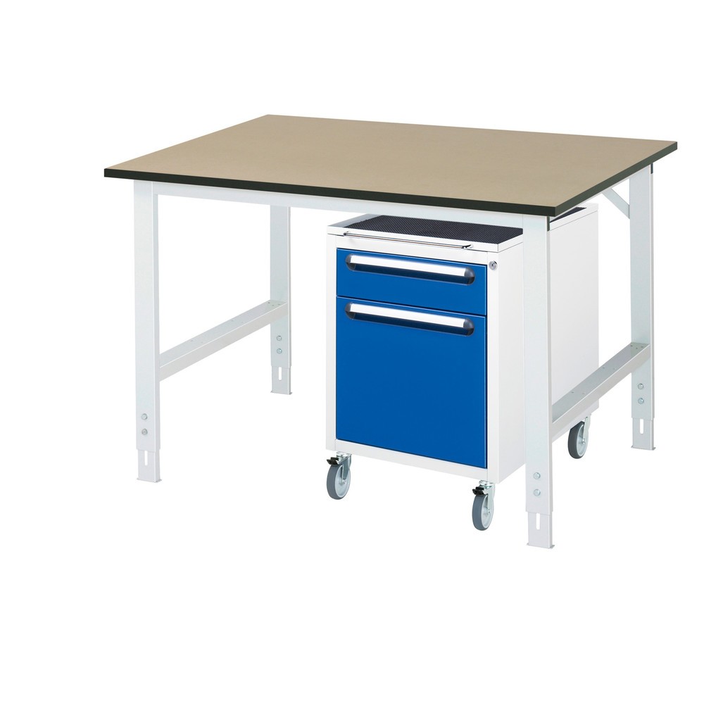 Obrázek produktu: Dílenská sestava RAU TOM 2dílná, s pracovním stolem, VxŠxH 760-1080 x 1 250 x 1000 mm, pracovní deska MDF, plus mobilní kontejner se 2 zásuvkami, VxŠxH 690 x 480 x 600 mm