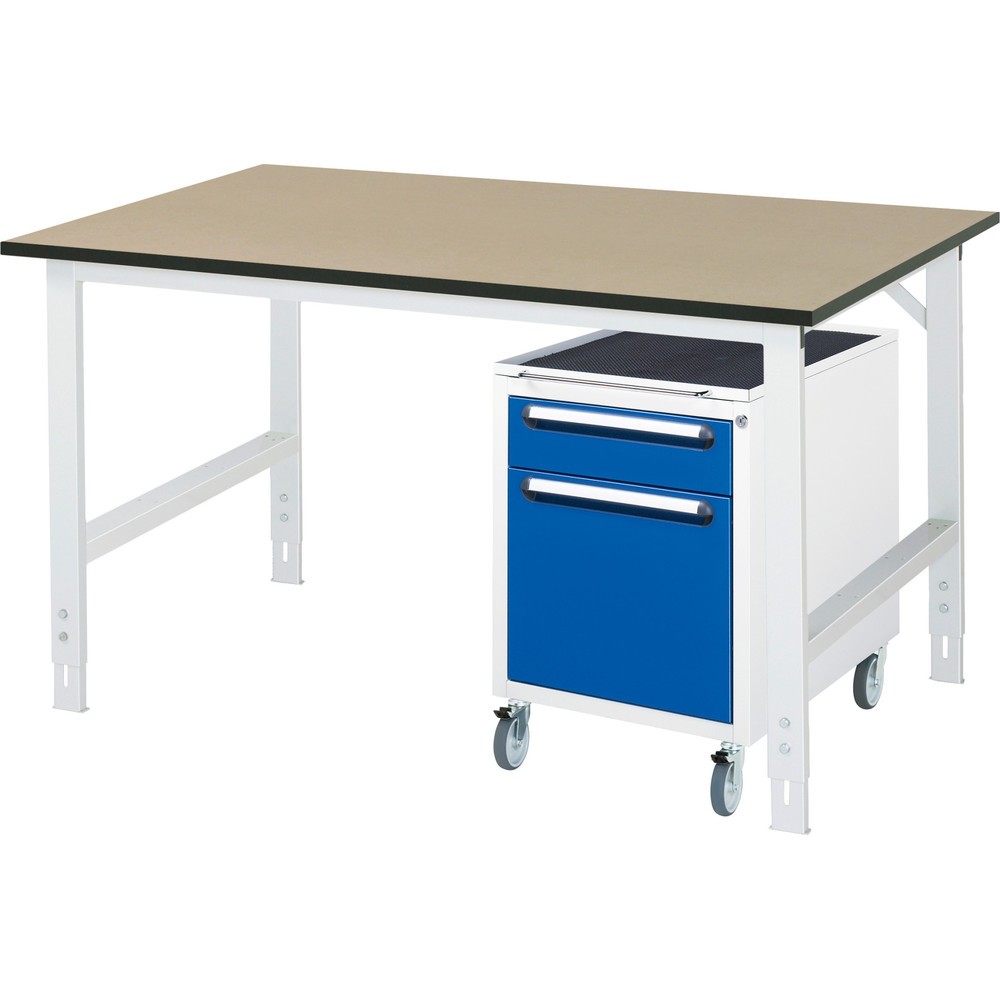 Číslo obrázku produktu 1: Dílenská sestava RAU TOM 2dílná, s pracovním stolem, VxŠxH 760-1080 x 1500 x 1000 mm, pracovní deska MDF, plus mobilní kontejner se 2 zásuvkami, VxŠxH 690 x 480 x 600 mm