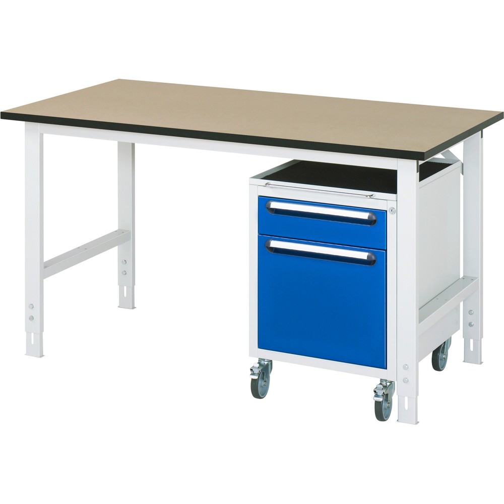 Číslo obrázku produktu 1: Dílenská sestava RAU TOM 2dílná, s pracovním stolem, VxŠxH 760-1080 x 1500 x 800 mm, pracovní deska MDF, plus mobilní kontejner se 2 zásuvkami, VxŠxH 690 x 480 x 600 mm
