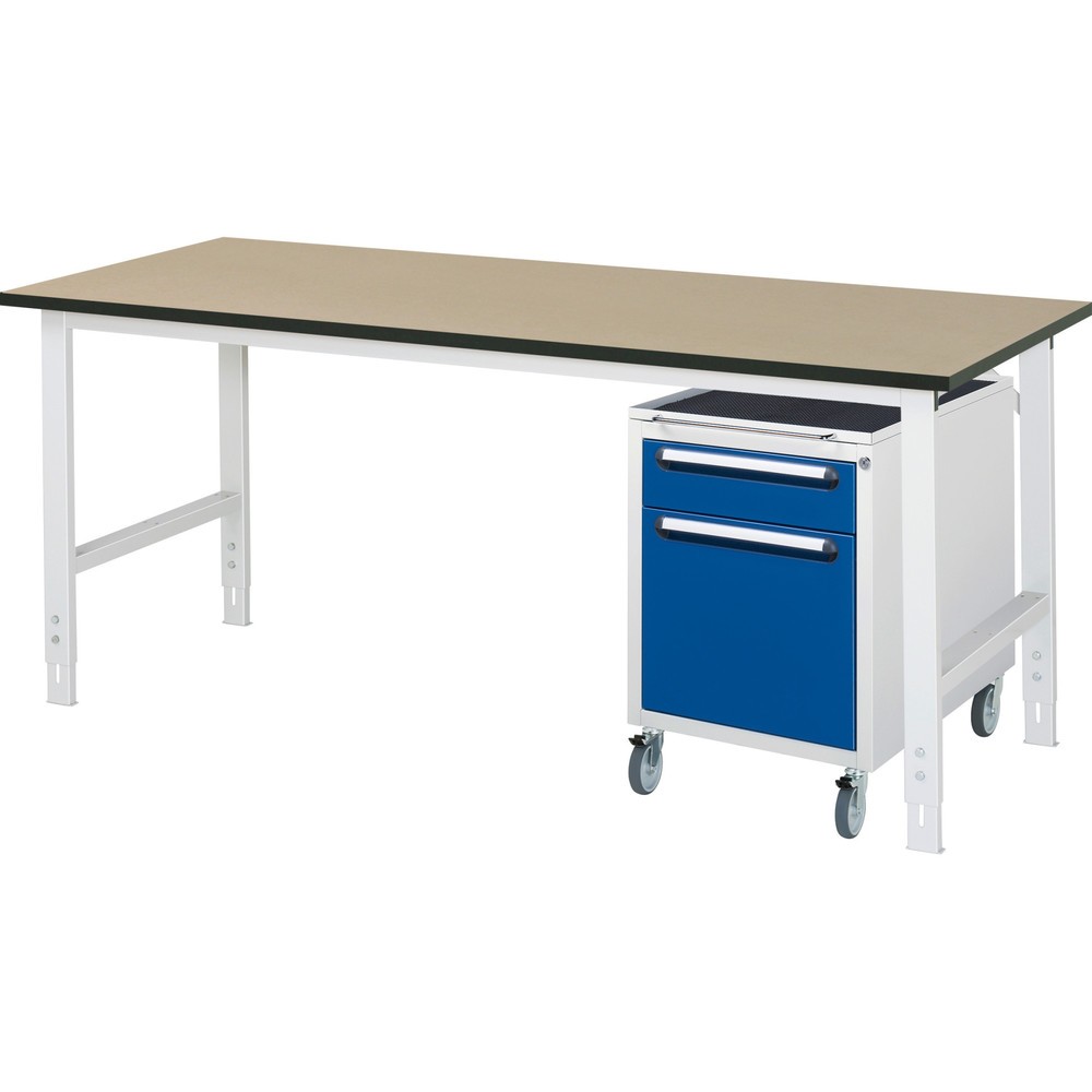 Číslo obrázku produktu 1: Dílenská sestava RAU TOM 2dílná, s pracovním stolem, VxŠxH 760-1080 x 2500 x 800 mm, pracovní deska MDF, plus mobilní kontejner se 2 zásuvkami, VxŠxH 690 x 480 x 600 mm