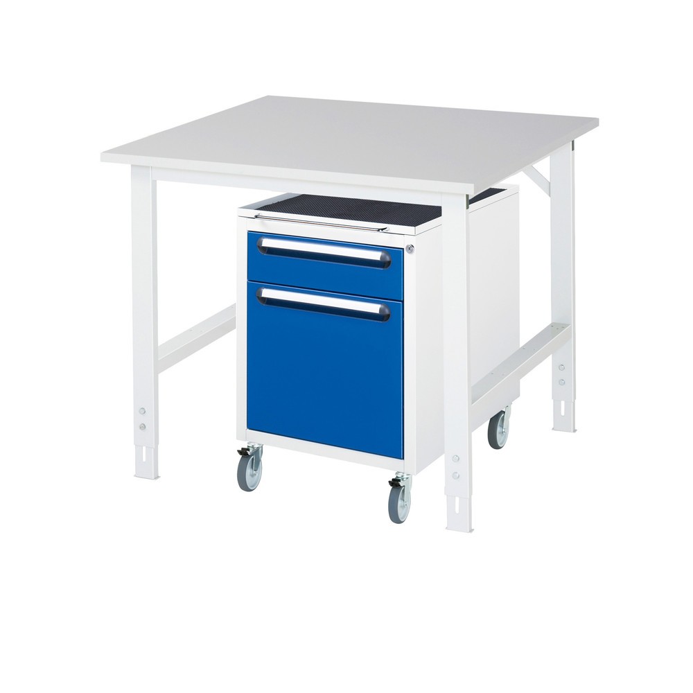 Číslo obrázku produktu 1: Dílenská sestava RAU TOM 2dílná, s pracovním stolem, VxŠxH 760-1080 x 1000 x 1000 mm, pracovní deska s melaminovým povrchem, plus mobilní kontejner se 2 zásuvkami, VxŠxH 690 x 480 x 600 mm