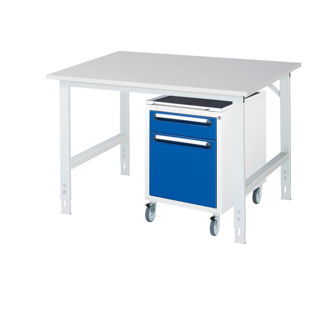 Obrázek produktu: Dílenská sestava RAU TOM 2dílná, s pracovním stolem, VxŠxH 760-1080 x 1250 x 1000 mm, pracovní deska s melaminovým povrchem, plus mobilní kontejner se 2 zásuvkami, VxŠxH 690 x 480 x 600 mm