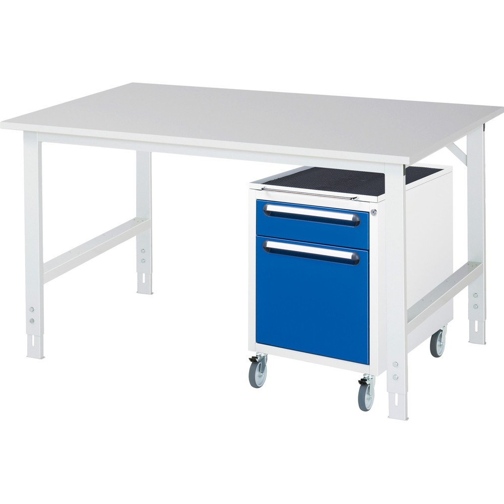 Číslo obrázku produktu 1: Dílenská sestava RAU TOM 2dílná, s pracovním stolem, VxŠxH 760-1080 x 1500 x 1000 mm, pracovní deska s melaminovým povrchem, plus mobilní kontejner se 2 zásuvkami, VxŠxH 690 x 480 x 600 mm