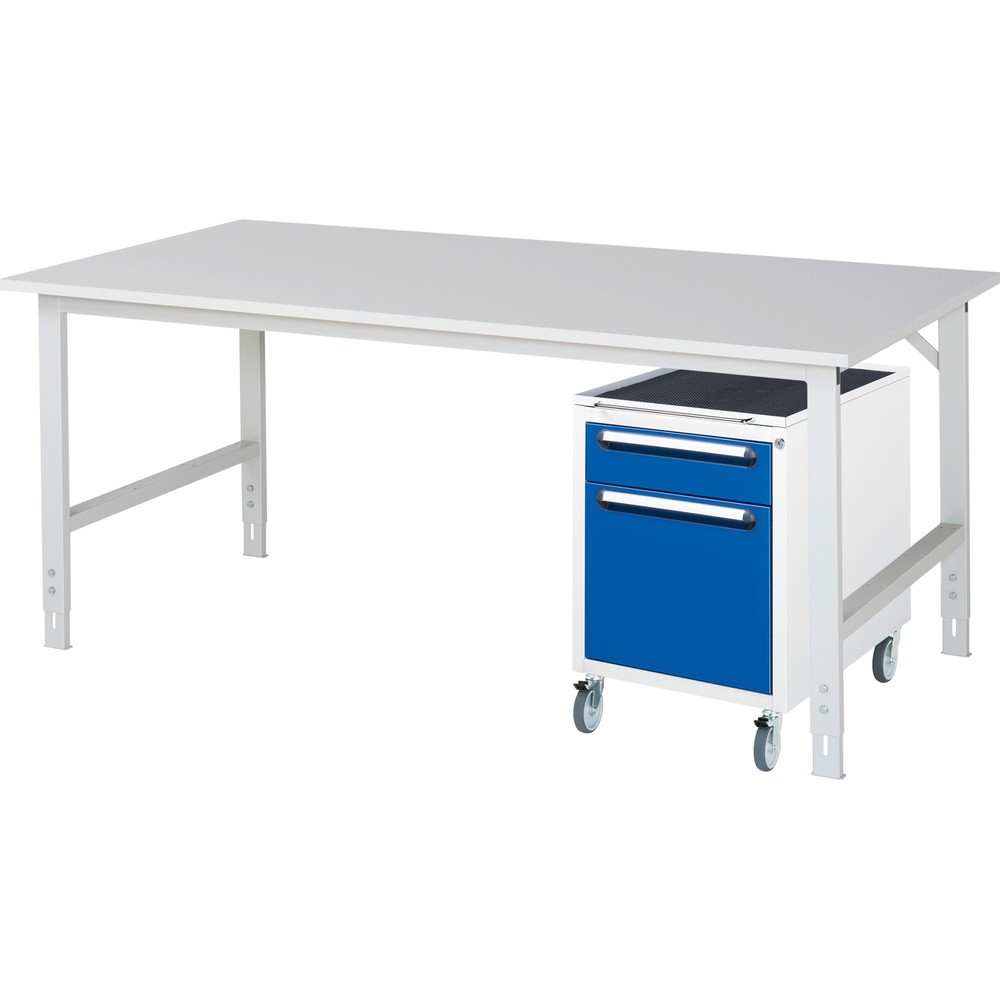 Číslo obrázku produktu 1: Dílenská sestava RAU TOM 2dílná, s pracovním stolem, VxŠxH 760-1080 x 2500 x 1000 mm, pracovní deska s melaminovým povrchem, plus mobilní kontejner se 2 zásuvkami, VxŠxH 690 x 480 x 600 mm
