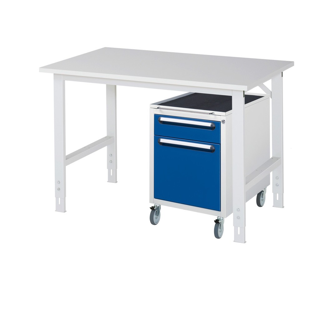 Číslo obrázku produktu 1: Dílenská sestava RAU TOM 2dílná, s pracovním stolem, VxŠxH 760-1080 x 1250 x 800 mm, pracovní deska s melaminovým povrchem, plus mobilní kontejner se 2 zásuvkami, VxŠxH 690 x 480 x 600 mm