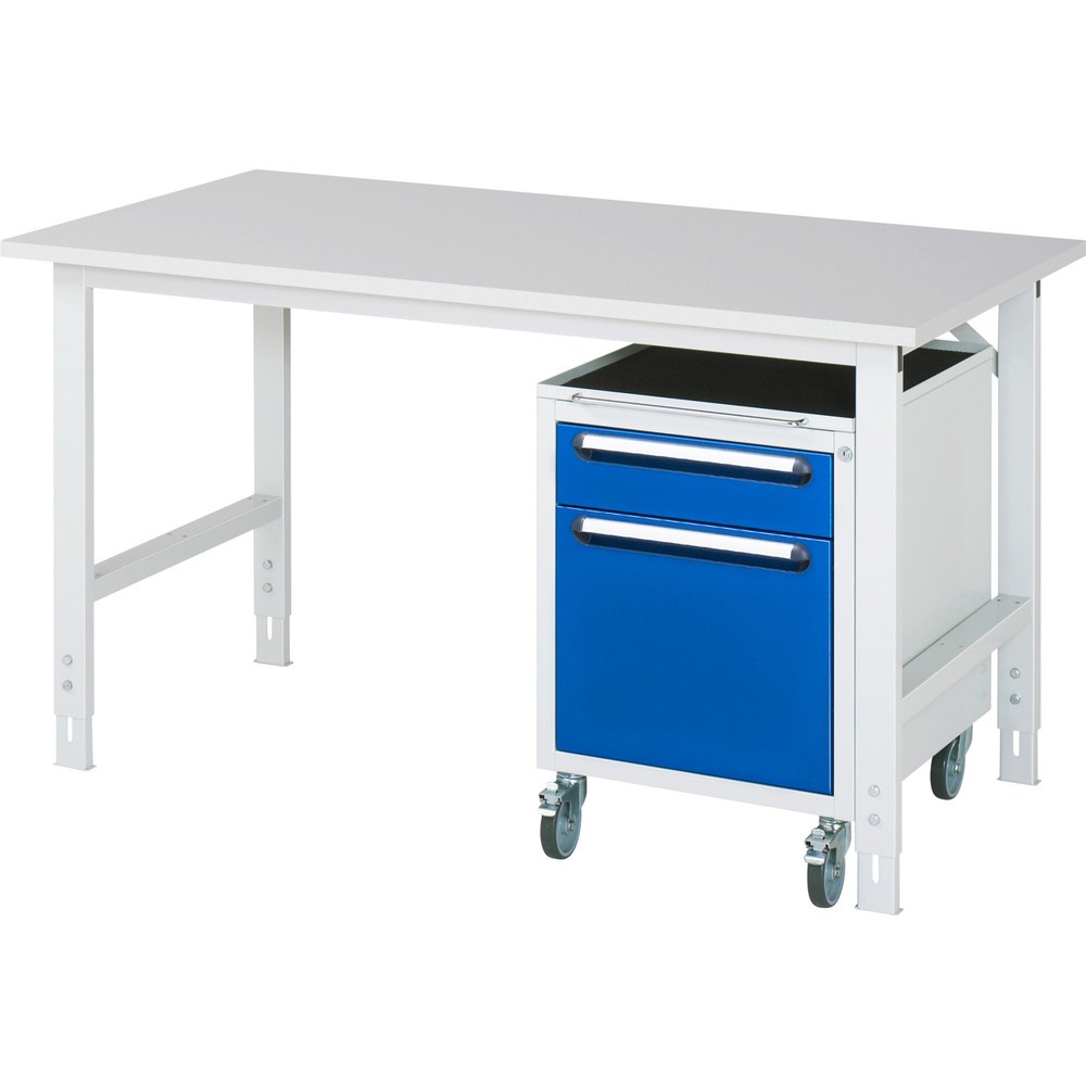 Obrázek produktu: Dílenská sestava RAU TOM 2dílná, s pracovním stolem, VxŠxH 760-1080 x 1500 x 800 mm, pracovní deska s melaminovým povrchem, plus mobilní kontejner se 2 zásuvkami, VxŠxH 690 x 480 x 600 mm