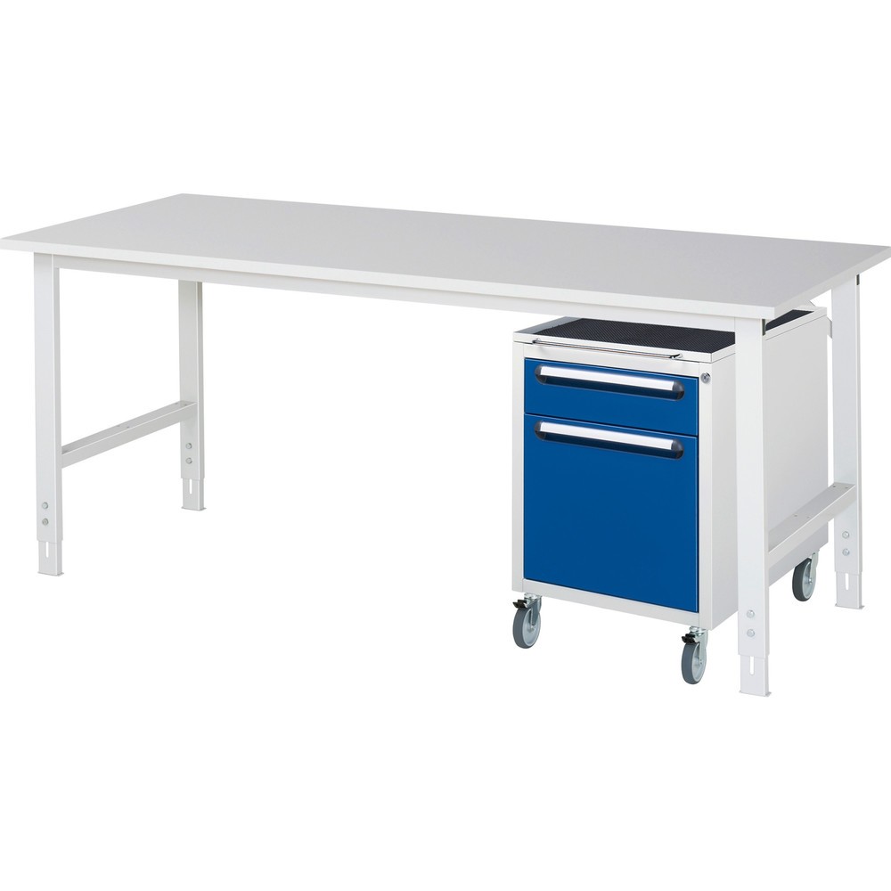 Obrázek produktu: Dílenská sestava RAU TOM 2dílná, s pracovním stolem, VxŠxH 760-1080 x 2500 x 800 mm, pracovní deska s melaminovým povrchem, plus mobilní kontejner se 2 zásuvkami, VxŠxH 690 x 480 x 600 mm