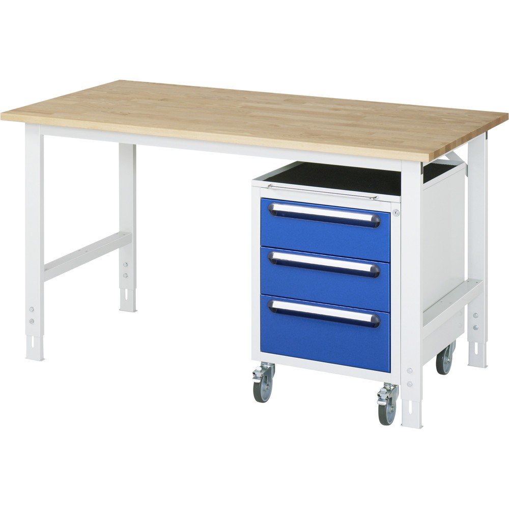 Číslo obrázku produktu 1: Dílenská sestava RAU TOM 2dílná, s pracovním stolem, VxŠxH 760-1080 x 1 500 x 800 mm, pracovní deska z bukového masivu, plus mobilní kontejner se 3 zásuvkami, VxŠxH 690 x 480 x 600 mm