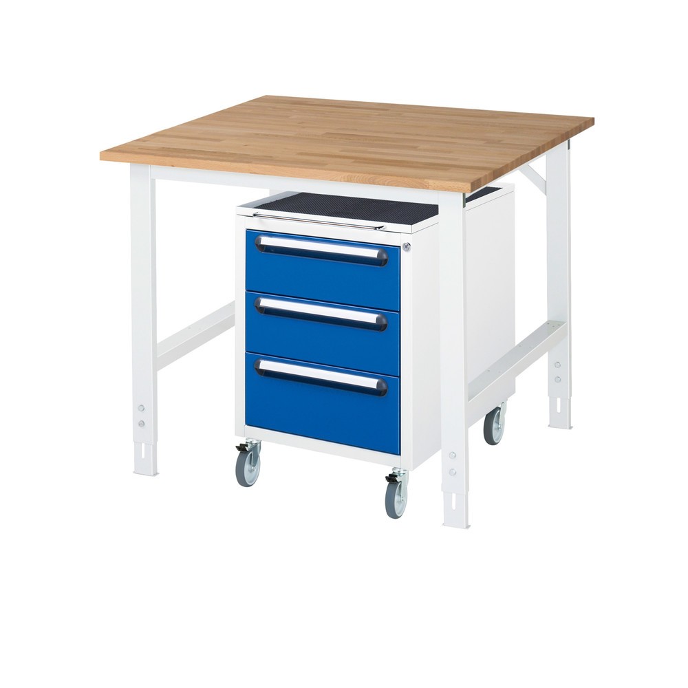 Číslo obrázku produktu 1: Dílenská sestava RAU TOM 2dílná, s pracovním stolem, VxŠxH 760-1080 x 1 000 x 1000 mm, pracovní deska z bukového masivu, plus mobilní kontejner se 3 zásuvkami, VxŠxH 690 x 480 x 600 mm