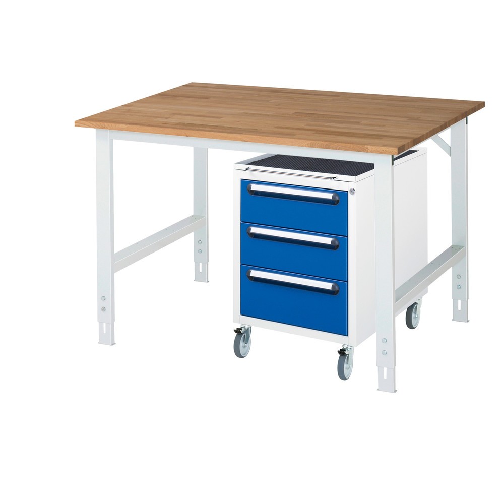 Číslo obrázku produktu 1: Dílenská sestava RAU TOM 2dílná, s pracovním stolem, VxŠxH 760-1080 x 1 250 x 1000 mm, pracovní deska z bukového masivu, plus mobilní kontejner se 3 zásuvkami, VxŠxH 690 x 480 x 600 mm