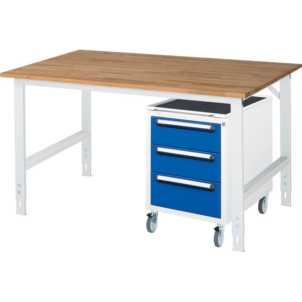 Číslo obrázku produktu 1: Dílenská sestava RAU TOM 2dílná, s pracovním stolem, VxŠxH 760-1080 x 1 500 x 1000 mm, pracovní deska z bukového masivu, plus mobilní kontejner se 3 zásuvkami, VxŠxH 690 x 480 x 600 mm