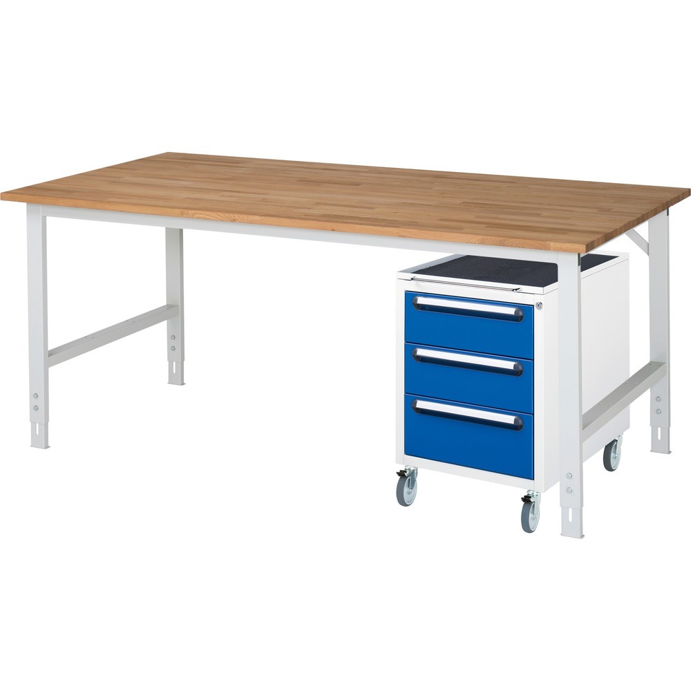 Číslo obrázku produktu 1: Dílenská sestava RAU TOM 2dílná, s pracovním stolem, VxŠxH 760-1080 x 2 500 x 1000 mm, pracovní deska z bukového masivu, plus mobilní kontejner se 3 zásuvkami, VxŠxH 690 x 480 x 600 mm