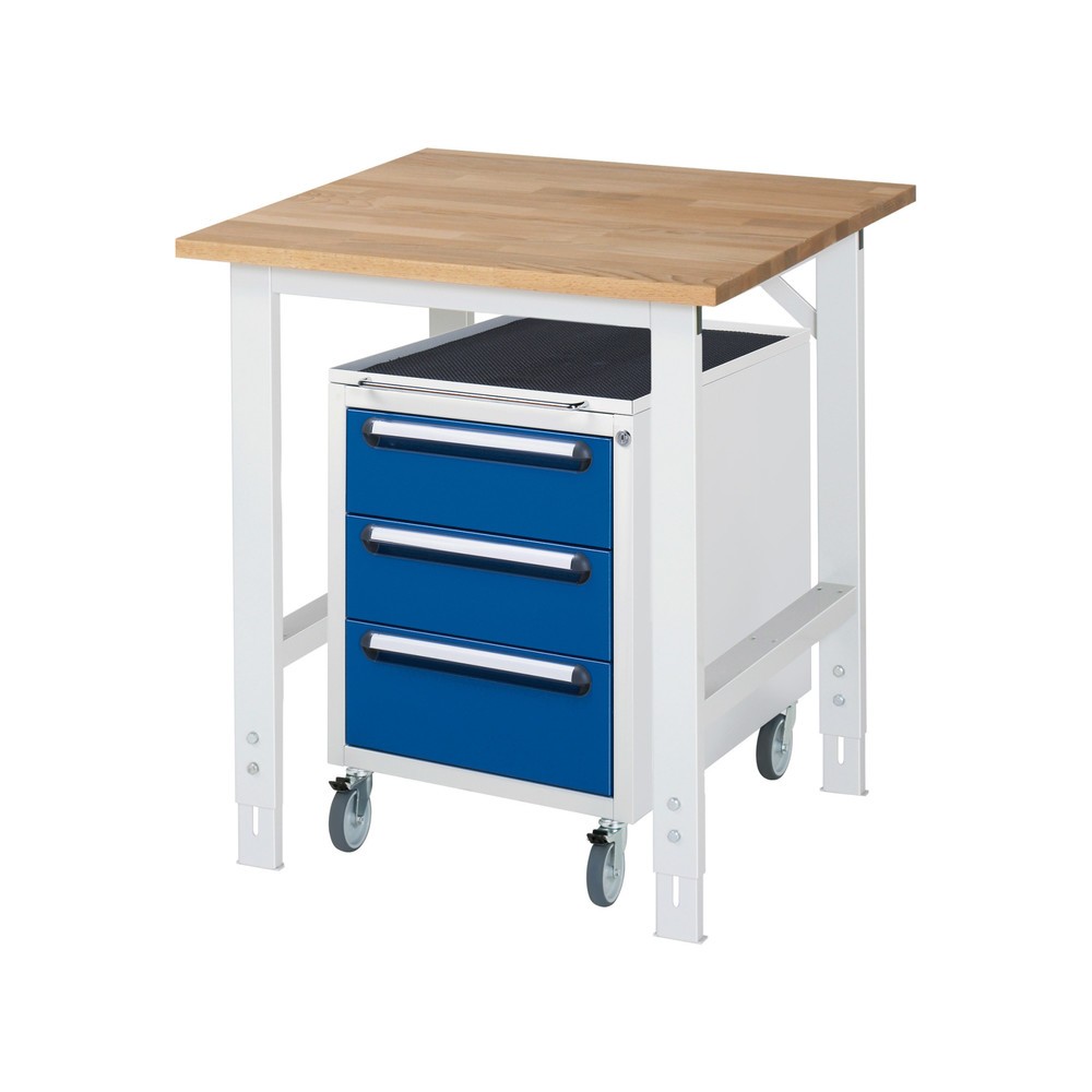 Číslo obrázku produktu 1: Dílenská sestava RAU TOM 2dílná, s pracovním stolem, VxŠxH 760-1080 x 750 x 800 mm, pracovní deska z bukového masivu, plus mobilní kontejner se 3 zásuvkami, VxŠxH 690 x 480 x 600 mm