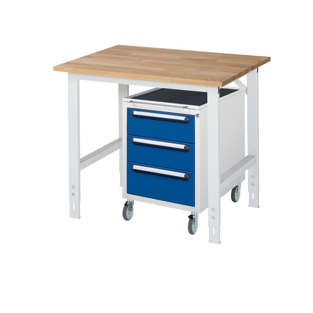 Číslo obrázku produktu 1: Dílenská sestava RAU TOM 2dílná, s pracovním stolem, VxŠxH 760-1080 x 1 000 x 800 mm, pracovní deska z bukového masivu, plus mobilní kontejner se 3 zásuvkami, VxŠxH 690 x 480 x 600 mm