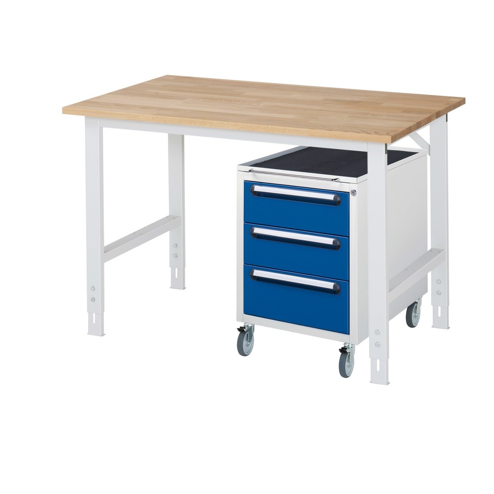 Číslo obrázku produktu 1: Dílenská sestava RAU TOM 2dílná, s pracovním stolem, VxŠxH 760-1080 x 1 250 x 800 mm, pracovní deska z bukového masivu, plus mobilní kontejner se 3 zásuvkami, VxŠxH 690 x 480 x 600 mm