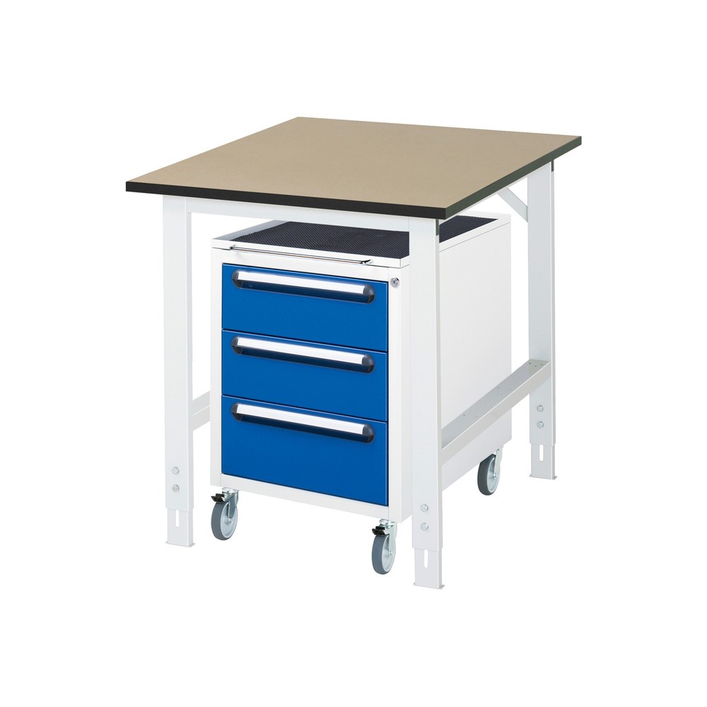Obrázek produktu: Dílenská sestava RAU TOM 2dílná, s pracovním stolem, VxŠxH 760-1080 x 750 x 1000 mm, pracovní deska MDF, plus mobilní kontejner se 3 zásuvkami, VxŠxH 690 x 480 x 600 mm