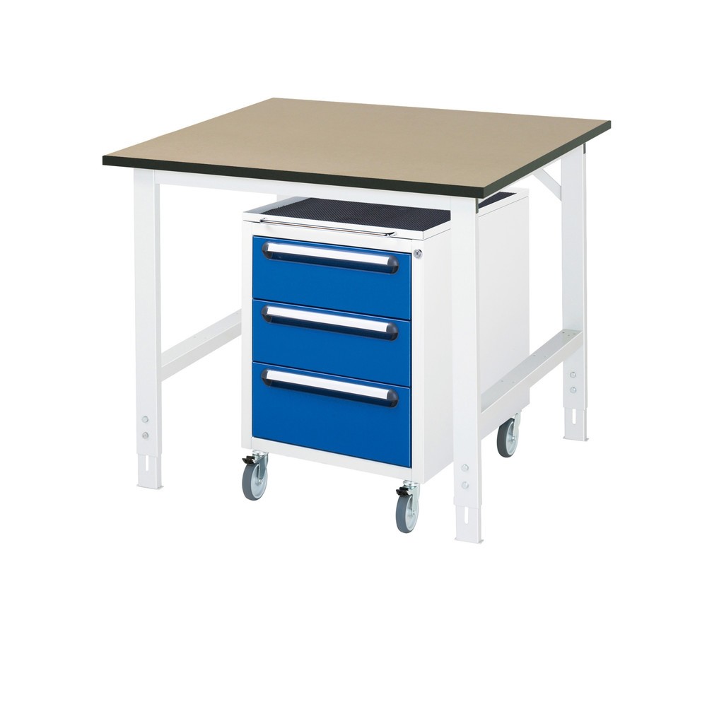 Číslo obrázku produktu 1: Dílenská sestava RAU TOM 2dílná, s pracovním stolem, VxŠxH 760-1080 x 1 000 x 1000 mm, pracovní deska MDF, plus mobilní kontejner se 3 zásuvkami, VxŠxH 690 x 480 x 600 mm