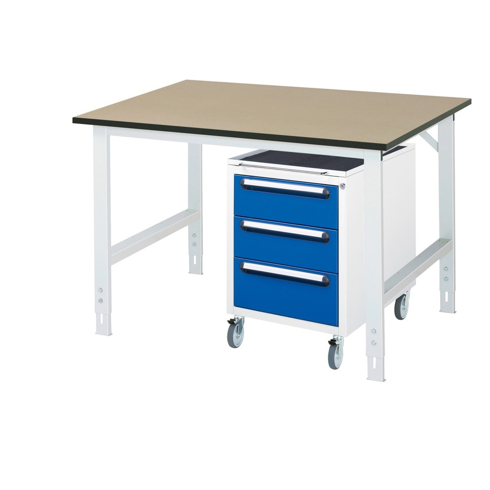 Číslo obrázku produktu 1: Dílenská sestava RAU TOM 2dílná, s pracovním stolem, VxŠxH 760-1080 x 1 250 x 1000 mm, pracovní deska MDF, plus mobilní kontejner se 3 zásuvkami, VxŠxH 690 x 480 x 600 mm