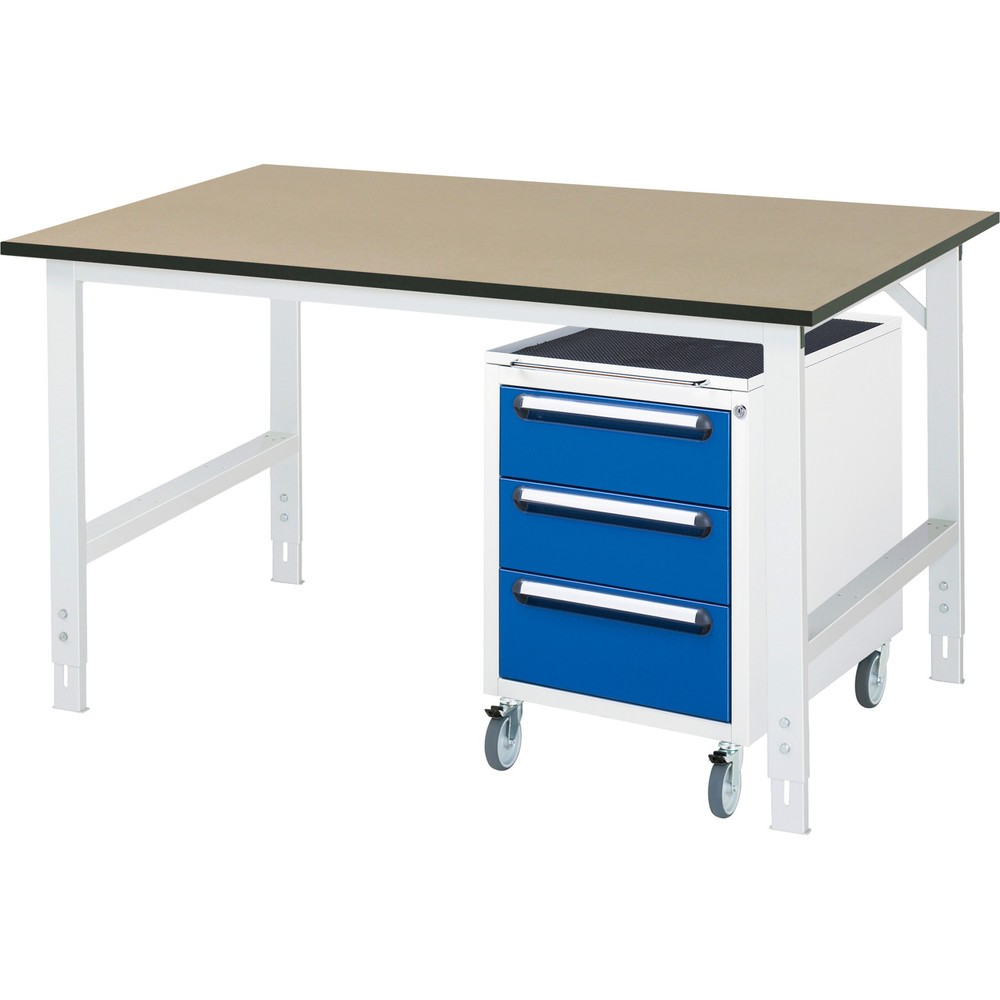 Číslo obrázku produktu 1: Dílenská sestava RAU TOM 2dílná, s pracovním stolem, VxŠxH 760-1080 x 1500 x 1000 mm, pracovní deska MDF, plus mobilní kontejner se 3 zásuvkami, VxŠxH 690 x 480 x 600 mm
