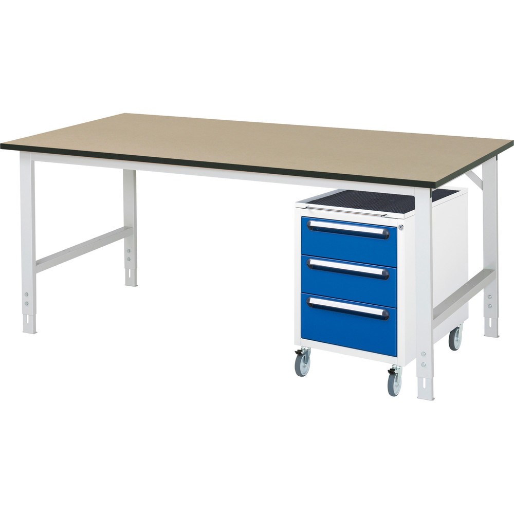 Číslo obrázku produktu 1: Dílenská sestava RAU TOM 2dílná, s pracovním stolem, VxŠxH 760-1080 x 2500 x 1000 mm, pracovní deska MDF, plus mobilní kontejner se 3 zásuvkami, VxŠxH 690 x 480 x 600 mm