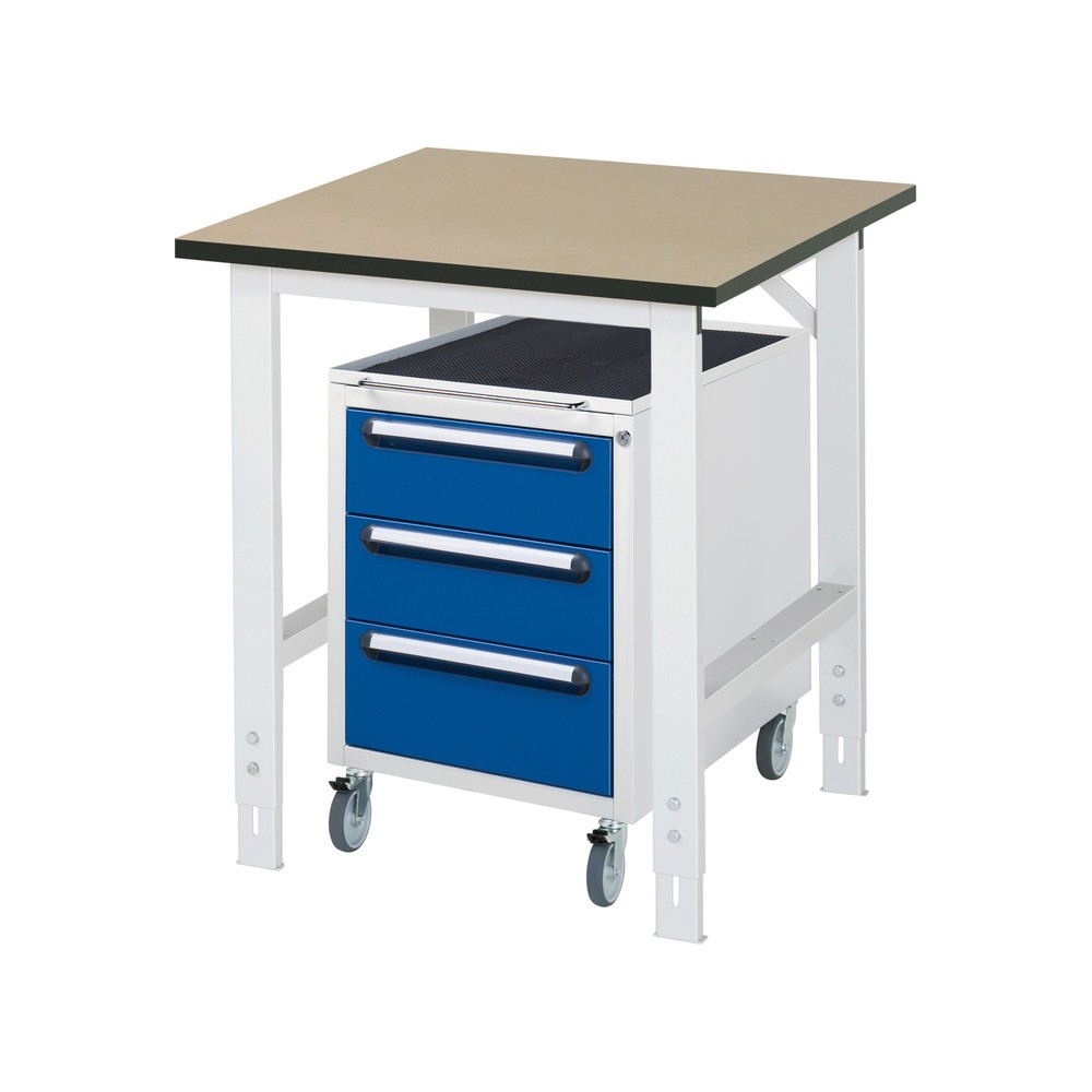 Obrázek produktu: Dílenská sestava RAU TOM 2dílná, s pracovním stolem, VxŠxH 760-1080 x 750 x 800 mm, pracovní deska MDF, plus mobilní kontejner se 3 zásuvkami, VxŠxH 690 x 480 x 600 mm