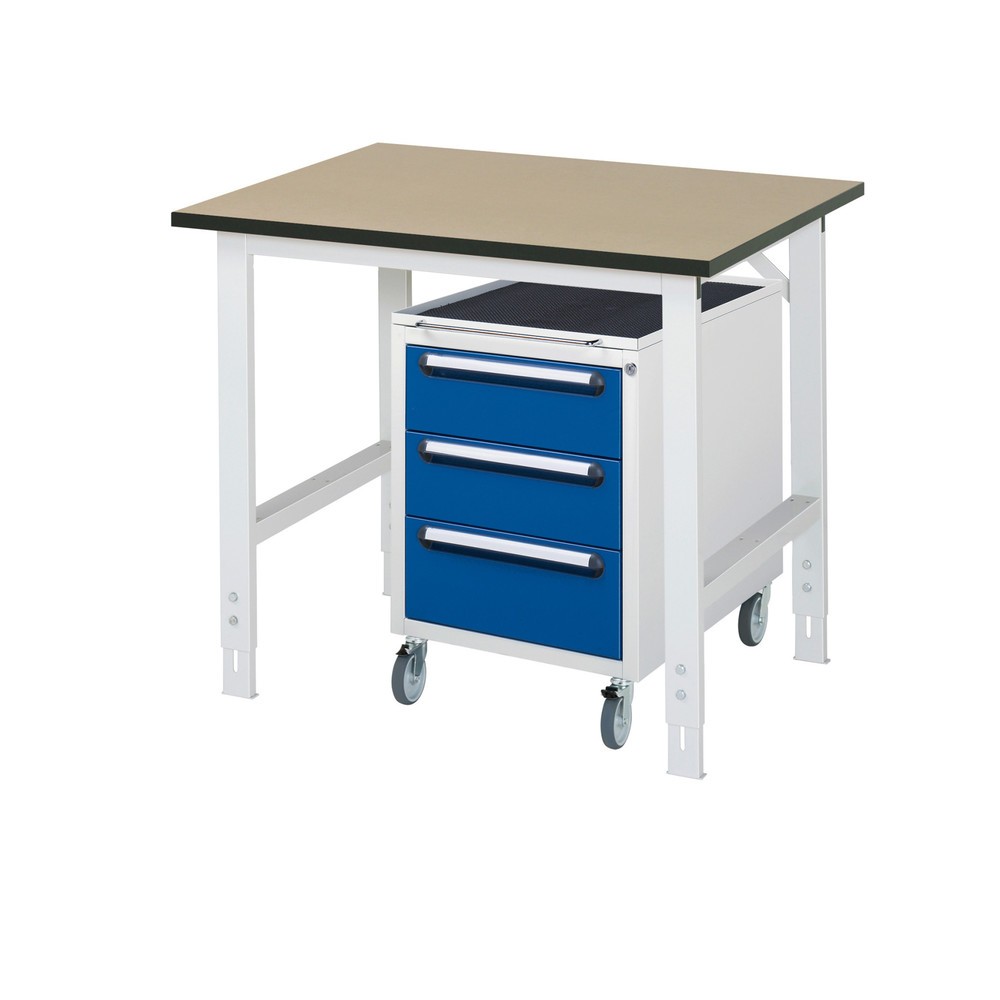 Číslo obrázku produktu 1: Dílenská sestava RAU TOM 2dílná, s pracovním stolem, VxŠxH 760-1080 x 1000 x 800 mm, pracovní deska MDF, plus mobilní kontejner se 3 zásuvkami, VxŠxH 690 x 480 x 600 mm