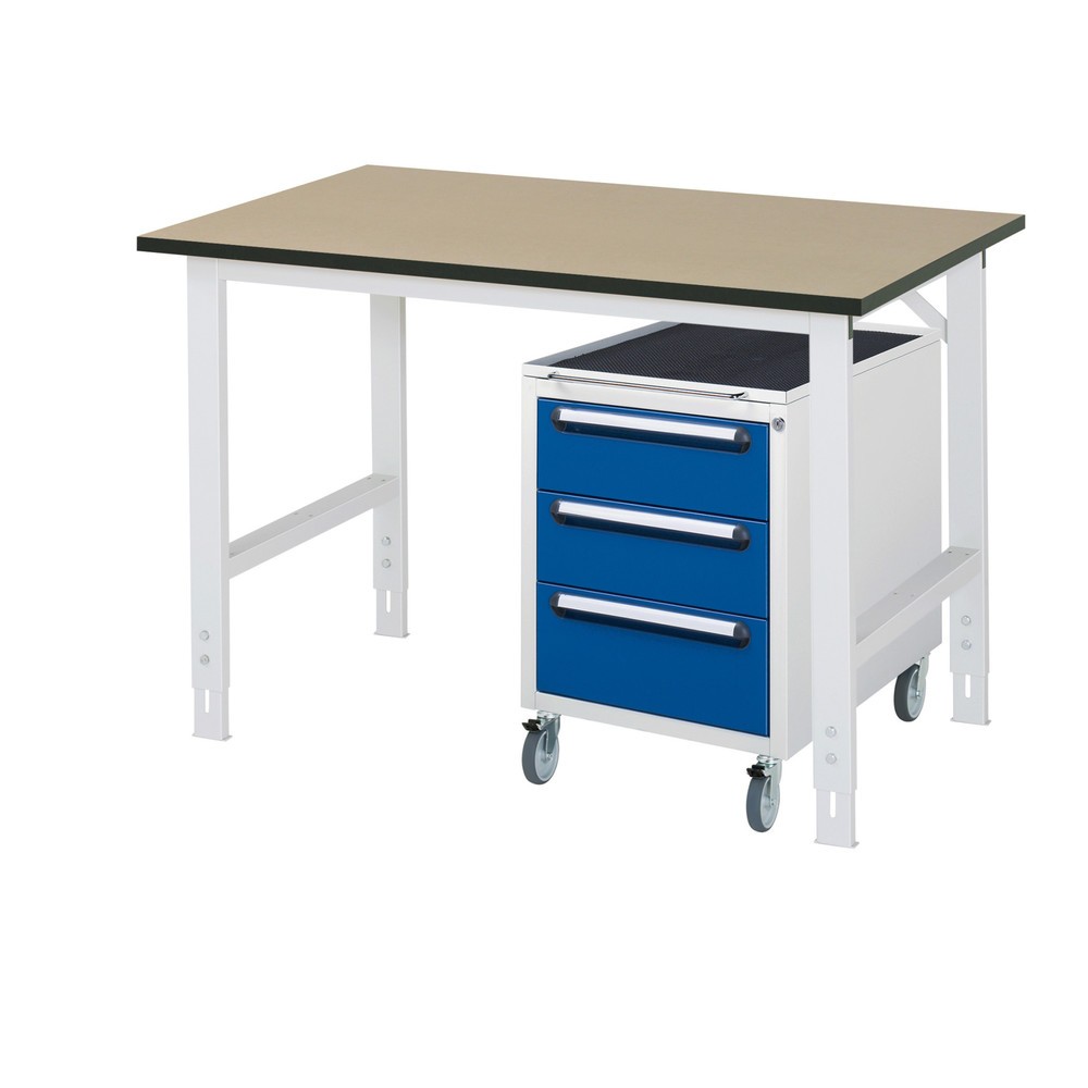 Číslo obrázku produktu 1: Dílenská sestava RAU TOM 2dílná, s pracovním stolem, VxŠxH 760-1080 x 1250 x 800 mm, pracovní deska MDF, plus mobilní kontejner se 3 zásuvkami, VxŠxH 690 x 480 x 600 mm