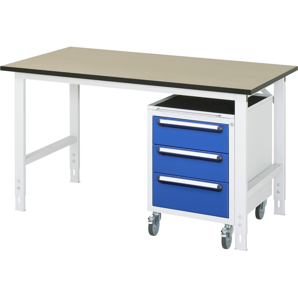 Číslo obrázku produktu 1: Dílenská sestava RAU TOM 2dílná, s pracovním stolem, VxŠxH 760-1080 x 1500 x 800 mm, pracovní deska MDF, plus mobilní kontejner se 3 zásuvkami, VxŠxH 690 x 480 x 600 mm