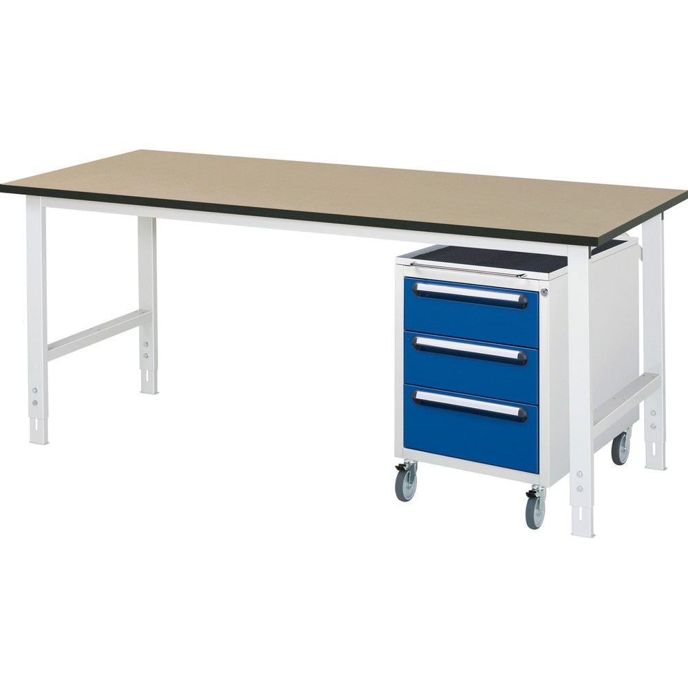 Číslo obrázku produktu 1: Dílenská sestava RAU TOM 2dílná, s pracovním stolem, VxŠxH 760-1080 x 2500 x 800 mm, pracovní deska MDF, plus mobilní kontejner se 3 zásuvkami, VxŠxH 690 x 480 x 600 mm