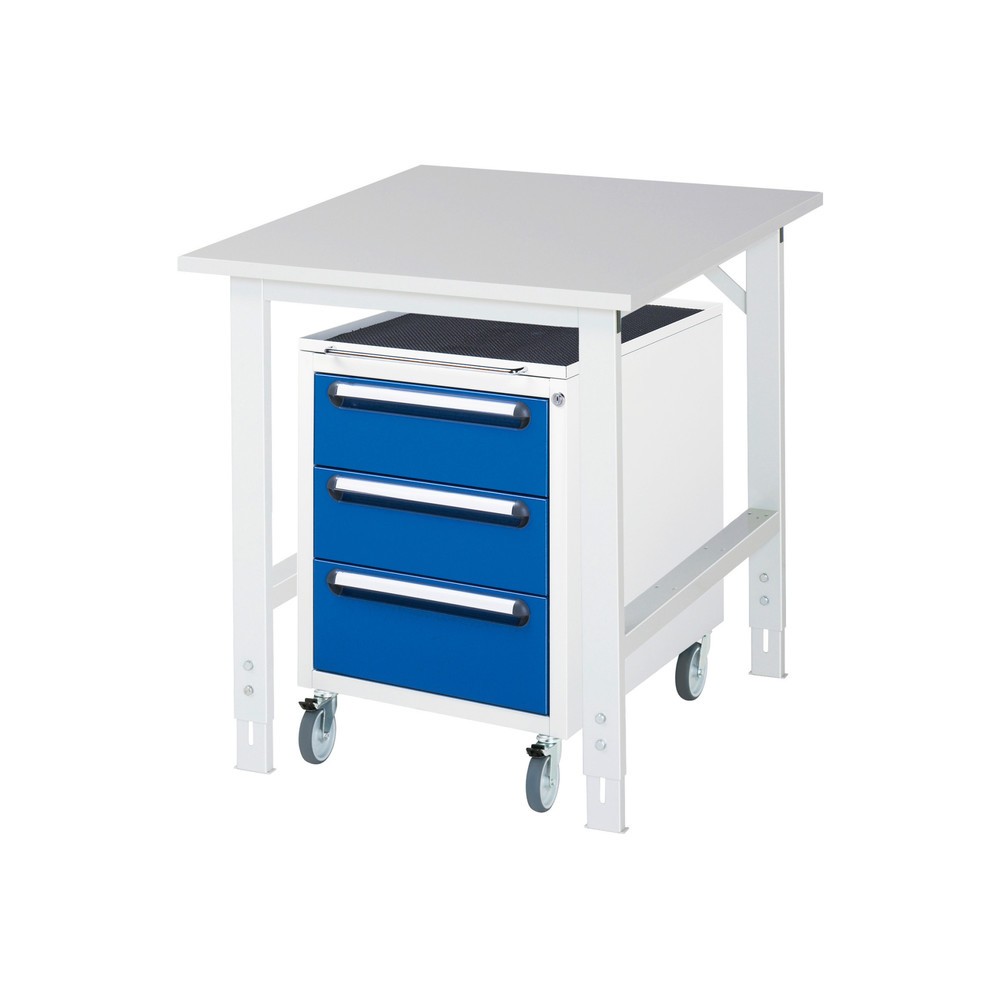 Číslo obrázku produktu 1: Dílenská sestava RAU TOM 2dílná, s pracovním stolem, VxŠxH 760-1080 x 750 x 1000 mm, pracovní deska s melaminovým povrchem, plus mobilní kontejner se 3 zásuvkami, VxŠxH 690 x 480 x 600 mm