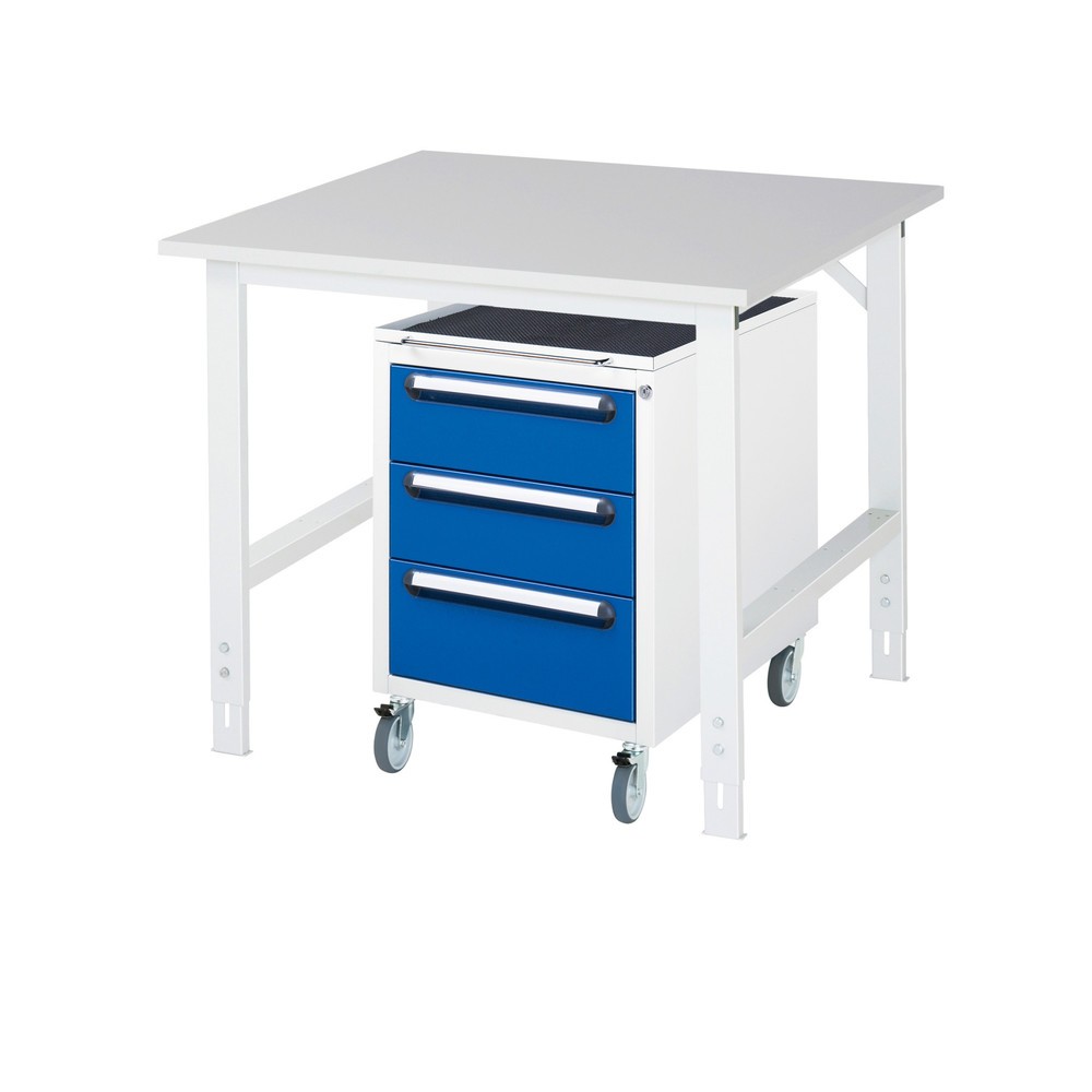 Číslo obrázku produktu 1: Dílenská sestava RAU TOM 2dílná, s pracovním stolem, VxŠxH 760-1080 x 1000 x 1000 mm, pracovní deska s melaminovým povrchem, plus mobilní kontejner se 3 zásuvkami, VxŠxH 690 x 480 x 600 mm