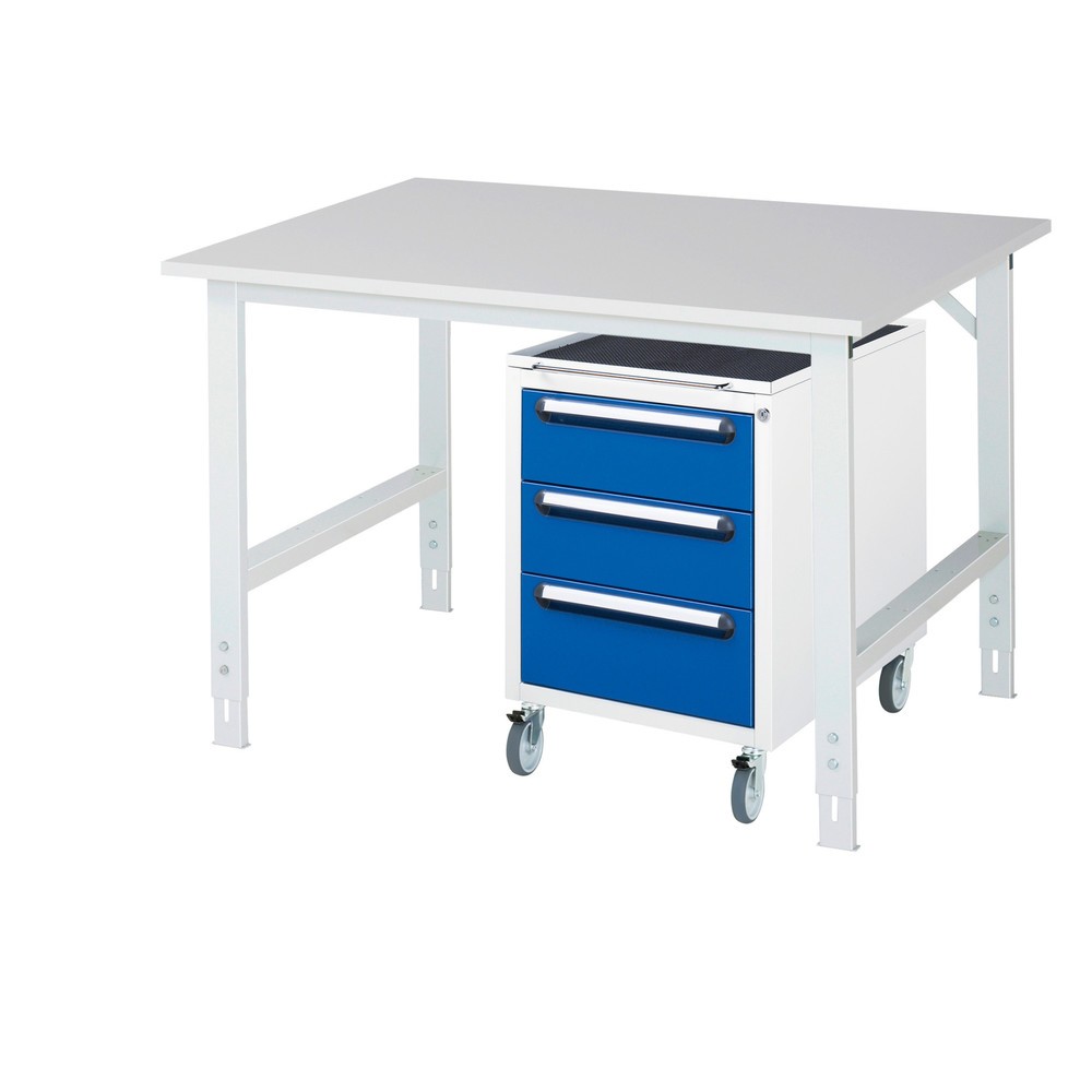 Číslo obrázku produktu 1: Dílenská sestava RAU TOM 2dílná, s pracovním stolem, VxŠxH 760-1080 x 1250 x 1000 mm, pracovní deska s melaminovým povrchem, plus mobilní kontejner se 3 zásuvkami, VxŠxH 690 x 480 x 600 mm