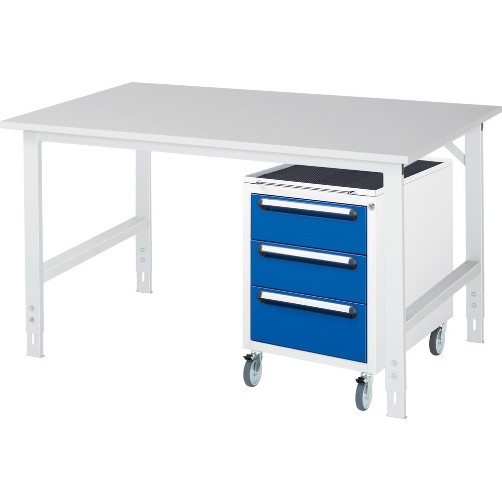 Číslo obrázku produktu 1: Dílenská sestava RAU TOM 2dílná, s pracovním stolem, VxŠxH 760-1080 x 1500 x 1000 mm, pracovní deska s melaminovým povrchem, plus mobilní kontejner se 3 zásuvkami, VxŠxH 690 x 480 x 600 mm