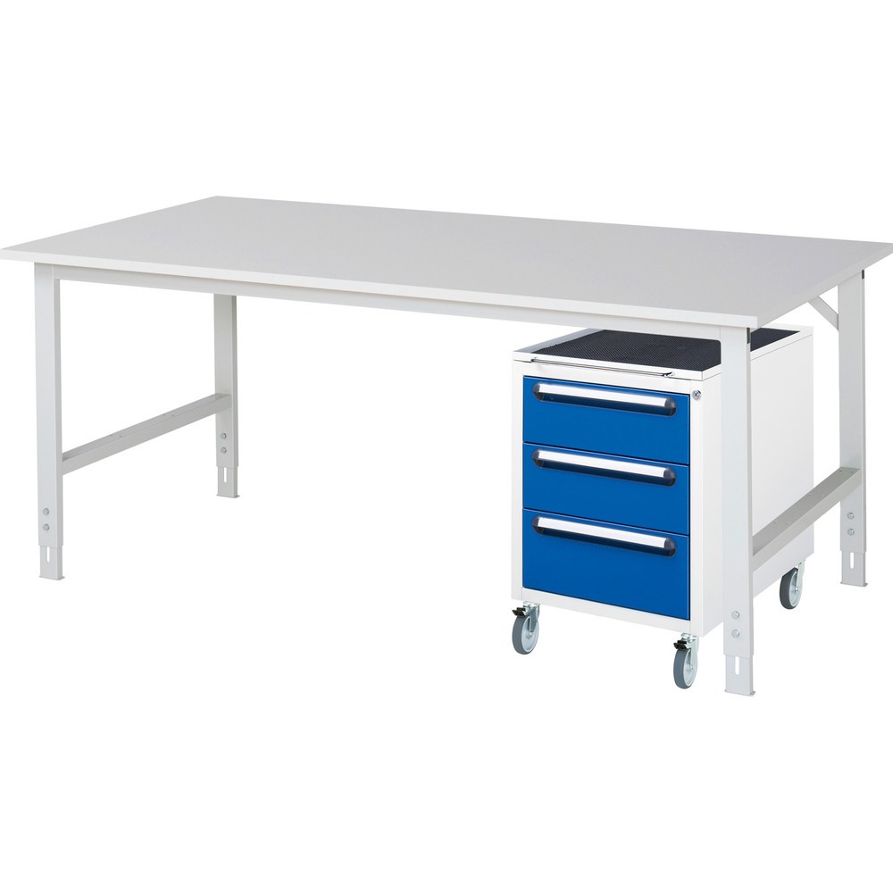 Číslo obrázku produktu 1: Dílenská sestava RAU TOM 2dílná, s pracovním stolem, VxŠxH 760-1080 x 2500 x 1000 mm, pracovní deska s melaminovým povrchem, plus mobilní kontejner se 3 zásuvkami, VxŠxH 690 x 480 x 600 mm